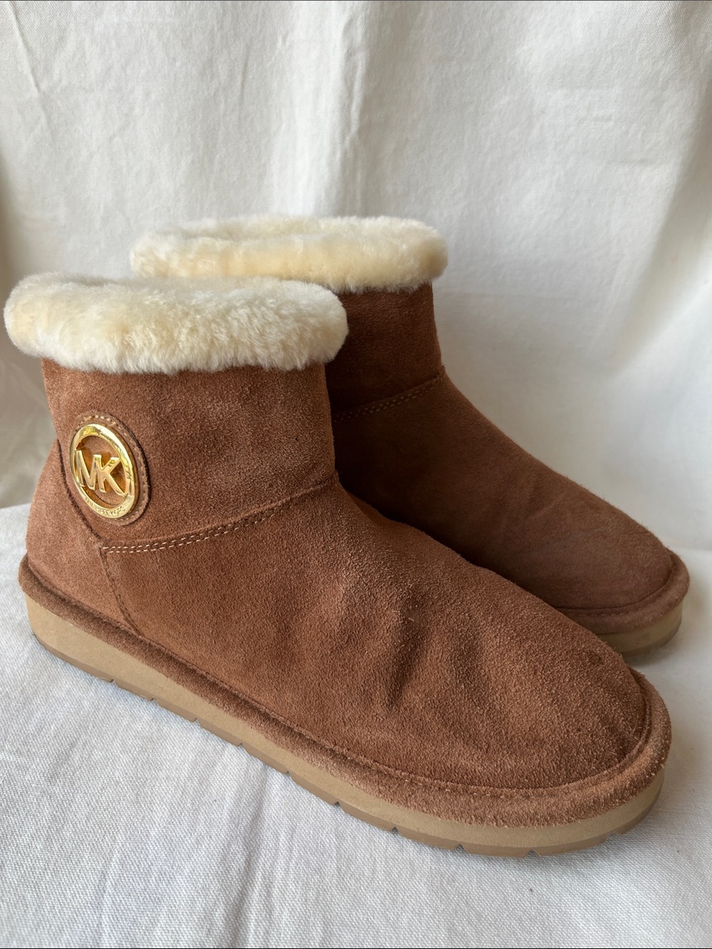Michael Kors Chestnut Suede Shearling-Lined Short Boots with Gold MK Emblem